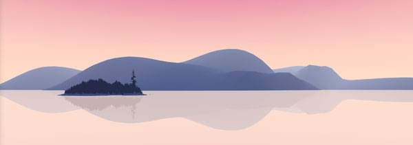 Eine 3D-Darstellung einer Landschaft: Es ist ein rosiger Sonnenuntergang mit einem blauen Gebirgsland im Hintergrund, umgeben von einem spiegelglatten Meer und einer dunkler blauen Insel im Hintergrund.