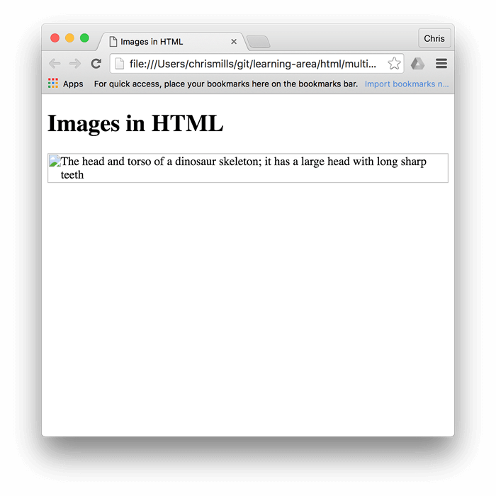 Le titre « Images en HTML », mais cette fois l'image du dinosaure n'est pas affichée, et le texte alt est à la place.