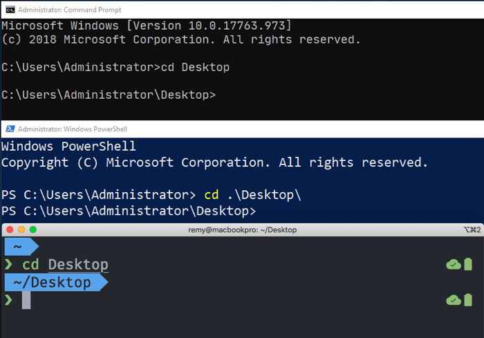 résultats de la commande cd Desktop dans différents terminaux Windows - le terminal se place dans le dossier Desktop