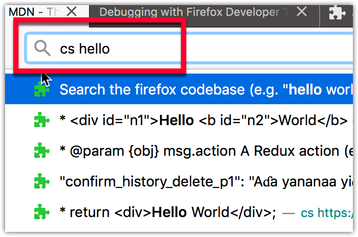 Beispiel, das das Ergebnis der Anpassung der Adressleistenvorschläge durch das firefox_code_search WebExtension zeigt.