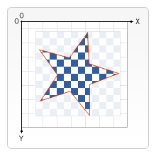 A canvas with a star outlined in red color. The inside of the star is transparent, as portrayed by the grid squares inside the star being clearly visible whereas the grid squares lying outside the star are blurred.
