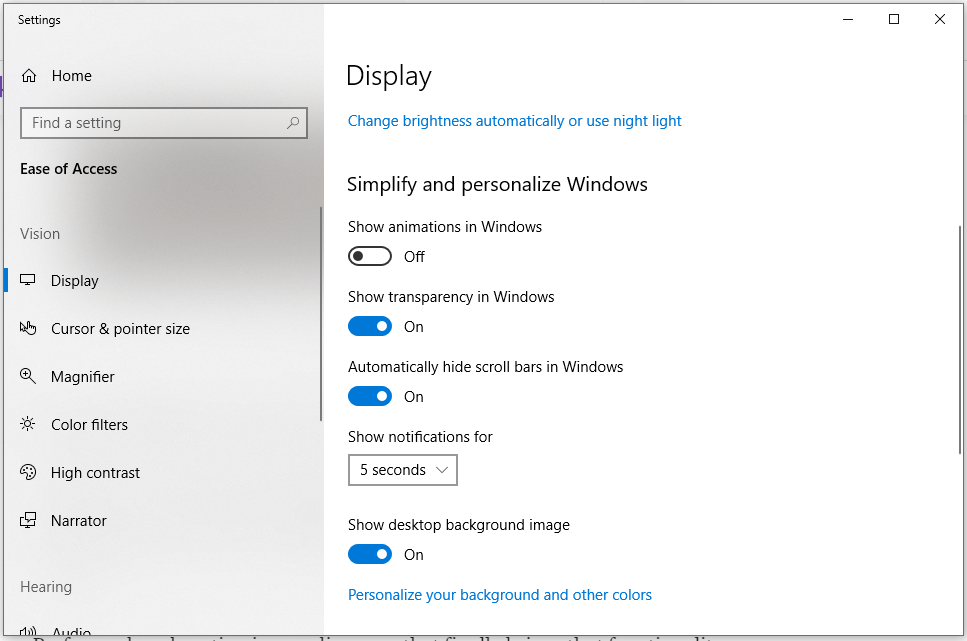Screenshot, der zeigt, wie Sie Animationen in Windows10 deaktivieren