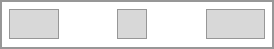Trois rectangles de largeurs différentes sont à l'intérieur d'une boîte. Le premier rectangle est aligné sur le côté gauche du conteneur, le troisième rectangle est aligné à droite, et le rectangle du milieu est équidistant entre le premier et le dernier.