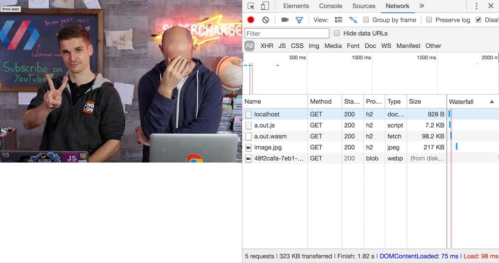 DevTools-Netzwerkbereich und das generierte Bild.
